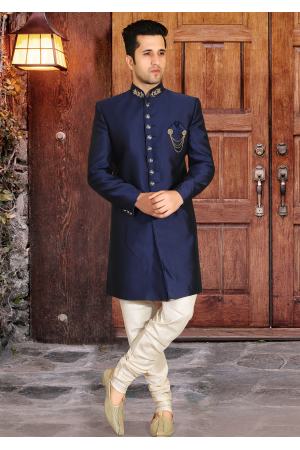 Navy Blue with White Color Designer Indo Western Sherwani